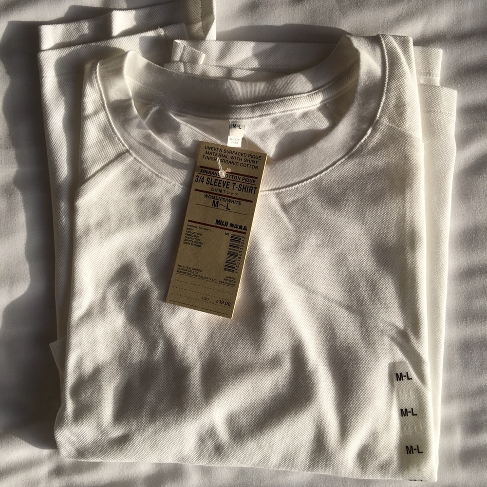 NEW MUJI WHITE 3/4-LENGTH ORGANIC COTTON TEE